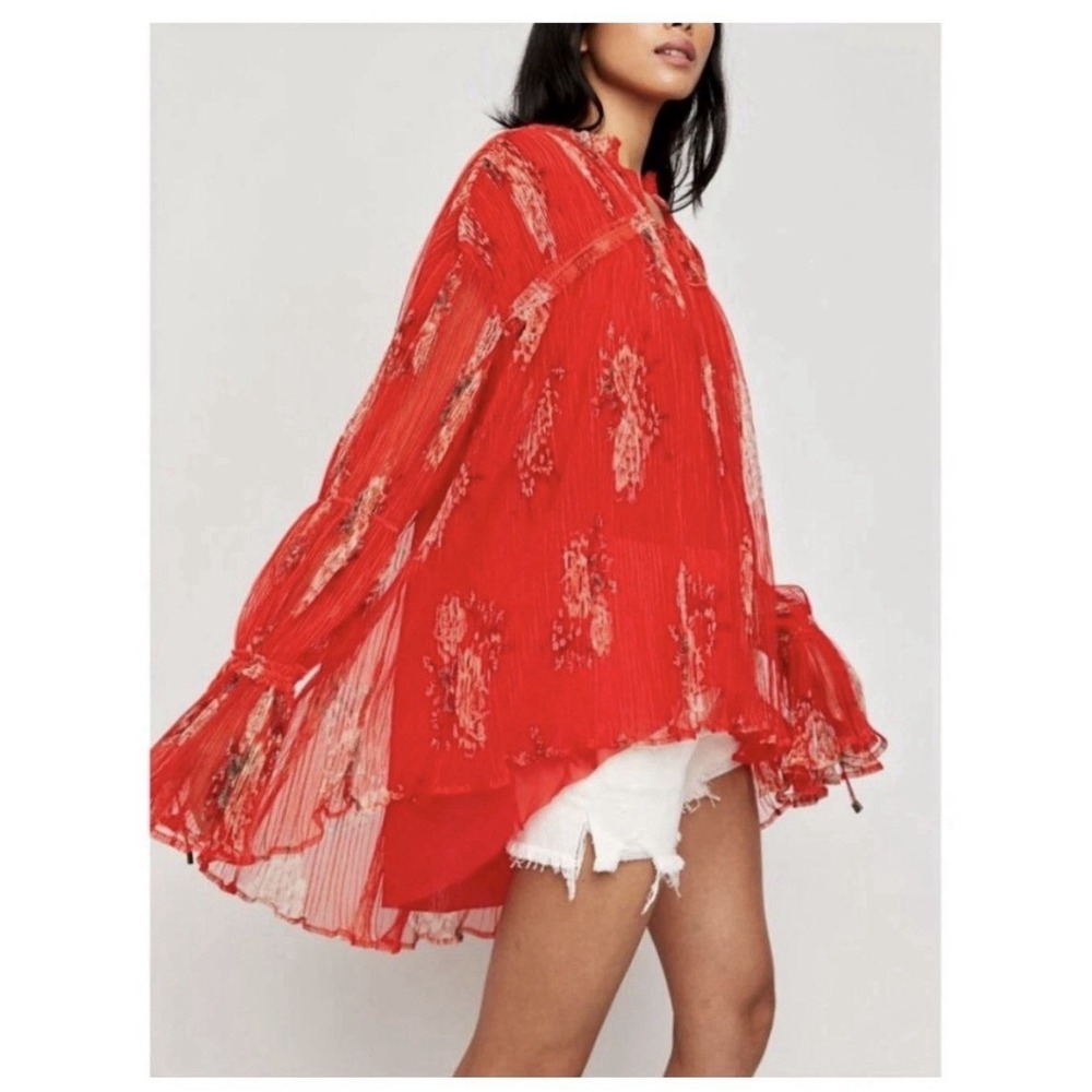 Red Sheer Pleated Floral Blouse - Women